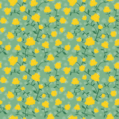 Yellow bud and green leaves seamless repeat pattern flower background