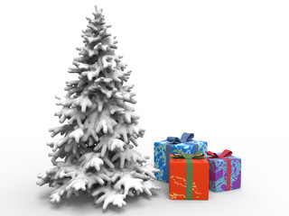 Weihnachtsbaum mit Schnee und Geschenken