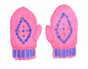 Drawing with watercolors: Two pink mittens.