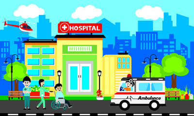  Patient care concept. Vector of doctor team standing on a hospital building, ambulance car background