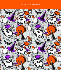 A Halloween's pattern with a hand drawn ghosts, sweets, witches hats, pumpkins, wine glasses of a cocktail, bats, lollipops, monsters, ice cream, autumn leaves, cobweb and lettering