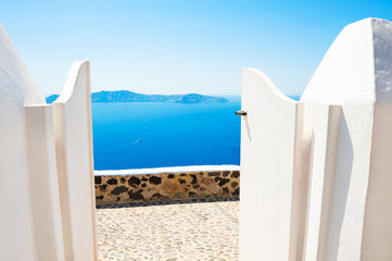 White architecture on Santorini island, Greece. Beautiful terrace with sea view.