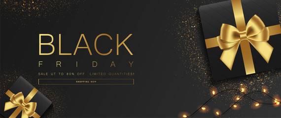 Fototapeta na wymiar Black Friday sale banner. Sparkling lights with gifts box, and glitter gold design on black background. Top view. Vector illustration.