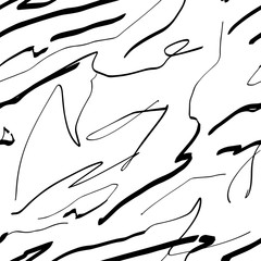 Beautiful hand-made abstract lines in simple minimalistic seamless pattern. Dry black ink brush and curve lines on white background. Abstract seamless black and white pattern