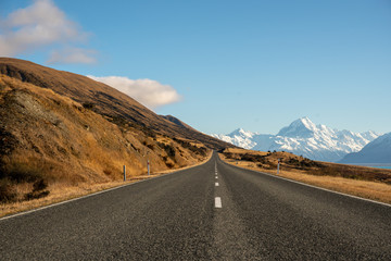 stunning views of Aoraki Mount Cook from the shores of Lake Pukaki in New Zealand