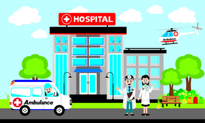   Patient care concept. Vector of doctor team standing on a hospital building, ambulance car background