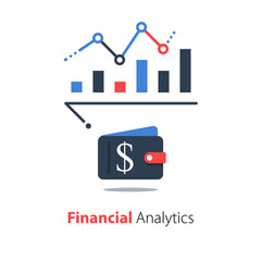 Financial analysis, business performance report, revenue growth chart, income increase graph, investment strategy, vector flat illustration