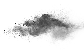 abstract powder splatted background. Black powder explosion on white background. Colored cloud....