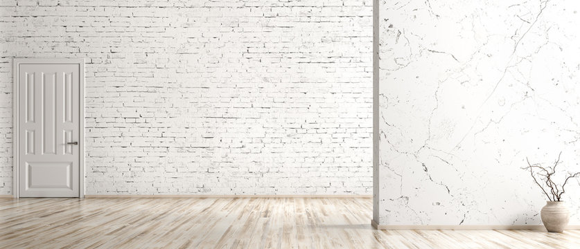 Interior background of empty room with brick wall, vase with branch and door 3d rendering