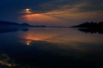 Sunrise over Mahanadi river, Odisha, Eastern Ghat mountain range, copy space