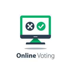 Internet voting, submit online, government services, computer monitor with check mark and cross, distant education, vector flat illustration