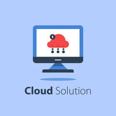 Cloud services, internet technology, online file storage, web solution, distant server, upload or download, data protection, computer monitor, vector flat illustration