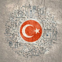 Fototapeta na wymiar Circle Frame with Diving Line Icons. Travel and Vacation Poster Concept. Flag of the Turkey