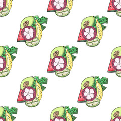 Tropical fruit pattern, great design for any purposes. Seamless fruit background. Flat style illustration. Exotic wallpaper. Vector illustration bright design.
