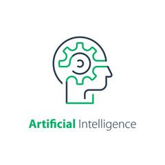 Head and cogwheel, education concept, creative thinking, technology and innovation, engineering people, vector line icon