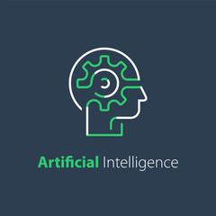 Head and cogwheel, education concept, creative thinking, technology and innovation, engineering people, vector line icon