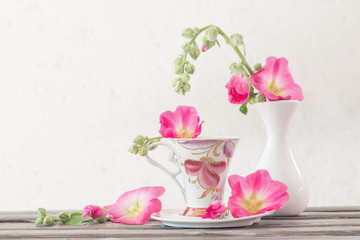 still life with pink mallow on white background