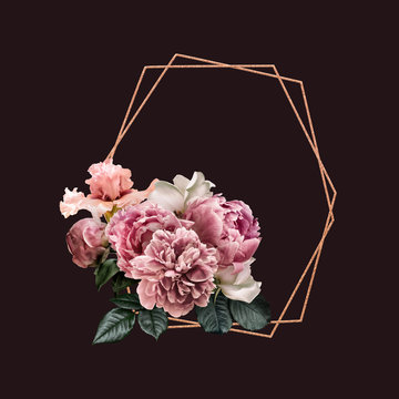 Vintage Floral Polygonal Geometric Frame Isolated On Dark Background. Peonies And White Roses, Pink Iris, Greenery. For Invitation, Greeting, Wedding Card.