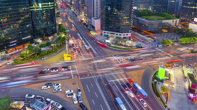 Timelapse Traffic at night in Gangnam City Seoul, South Korea.