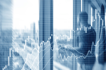 Trading management center. Trading algorithms concept on server room background