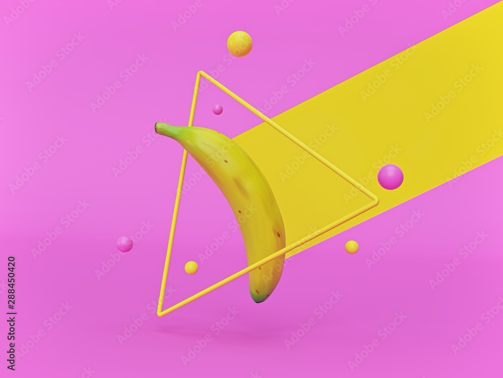 Poster abstract minimalism concept with banana and balls. 3d rendering