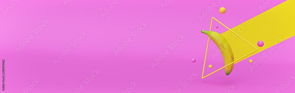 Poster abstract minimalism concept with banana and balls. banner. 3d rendering