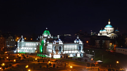 Palace of farmers in the architectural style of Empire and classicism at night, Kazan, Tatarstan...