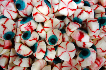 Close up view of assorted colorful eyes shape jelly candies