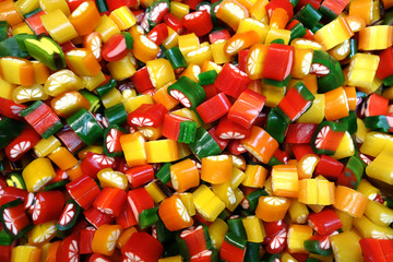 Close up view of assorted colorful different shape jelly candies