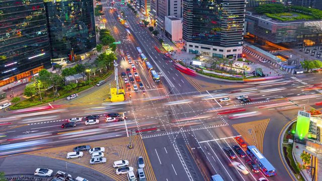 Timelapse Traffic at night in Gangnam City Seoul, South Korea.