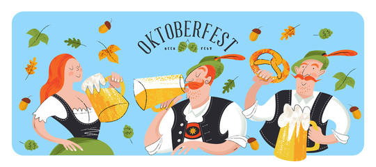 Fototapeta na wymiar Oktoberfest, beer festival. Characters in German national dress drink beer from large mugs. Vector flat illustration with hand drawn unique textures.