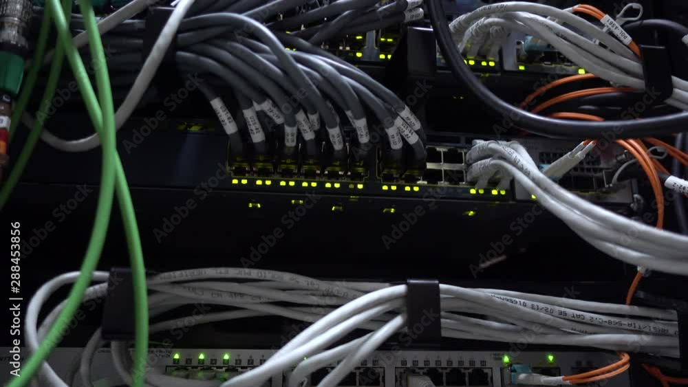 Aufkleber commutator. flashing lights. severs computer in a rack at the large data center