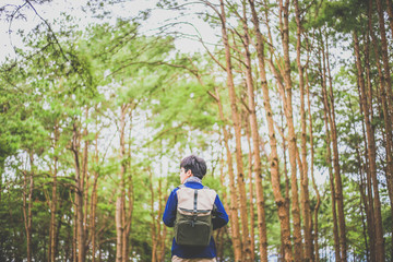 man walking in the deep pine forest with large backpack.