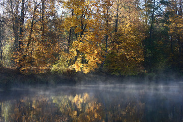 Sunrise in the October autumn morning. The river in a gaze, colourful trees on the distant coast and their reflection in water. Beauty and tranquility.