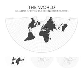 Map of The World. Conic equidistant projection. Globe with latitude and longitude lines. World map on meridians and parallels background. Vector illustration.