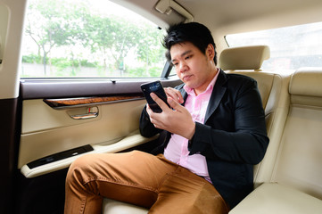 Businessman texting on smartphone in car