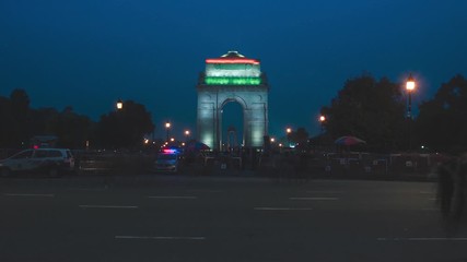 Timelapse of The India Gate, New Delhi, India. The India Gate is a war memorial located astride the Rajpath, on the eastern edge of the "ceremonial axis" of New Delhi, formerly called Kingsway.