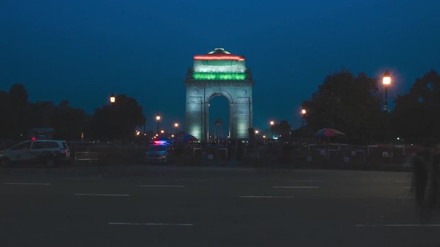 Timelapse of The India Gate, New Delhi, India. The India Gate is a war memorial located astride the Rajpath, on the eastern edge of the "ceremonial axis" of New Delhi, formerly called Kingsway.