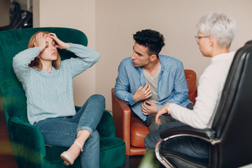Consultation of couple young man and woman patient on reception for psychologist. Family problems