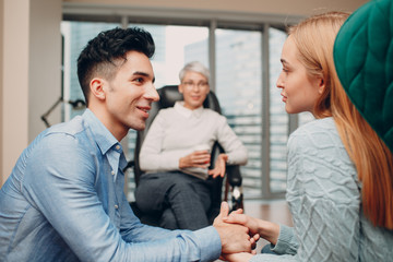 Consultation of couple young man and woman patient on reception for psychologist. Family problems