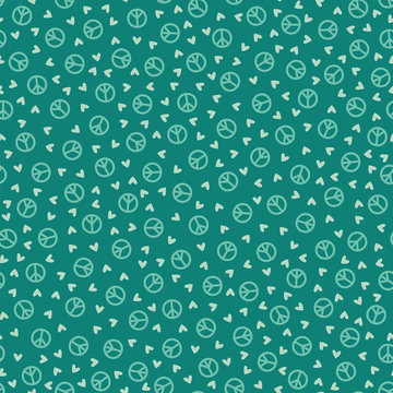 Seamless pattern with peace signs and hearts