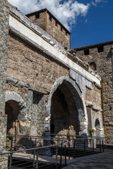 Ancient Roman gate in the historic centre of Aosta town, Italy