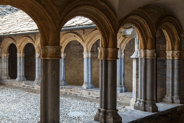 AOSTA / ITALY - JULY 2015: Cloister of a church in the historic centre of Aosta town, Italy