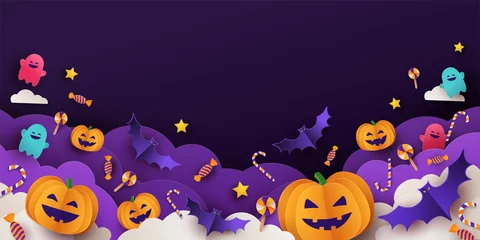 Rolgordijnen Halloween background for party invitation, greeting card, web banner or Sales with candies in night clouds, cutest pumpkins, bats, ghosts on violet background. Paper cut style, digital craft style © Tanya