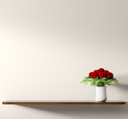 Shelf with bouquet of red roses in white vase over beige wall 3d rendering