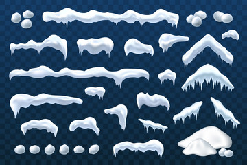 Snow ice set Winter roof cap design. White blue snow ball template. Snowy icicle frame decoration isolated transparent background. 3D realistic. Christmas, New Year frozen texture. Vector illustration