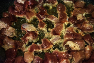 food, fried, cook, fry meat, meat, pieces, piece, cut, slice, cooking, food, oil, fry in oil, frying pan, cook