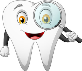Cartoon teeth holding magnifier. vector illustration