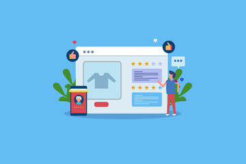 Online reputation, customer feedback, experience, loyalty, ecommerce business concept with character. Web banner template vector.