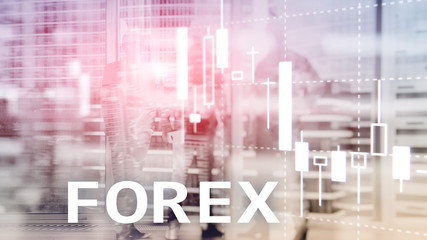 Forex trading, financial candle chart and graphs on blurred business center background.